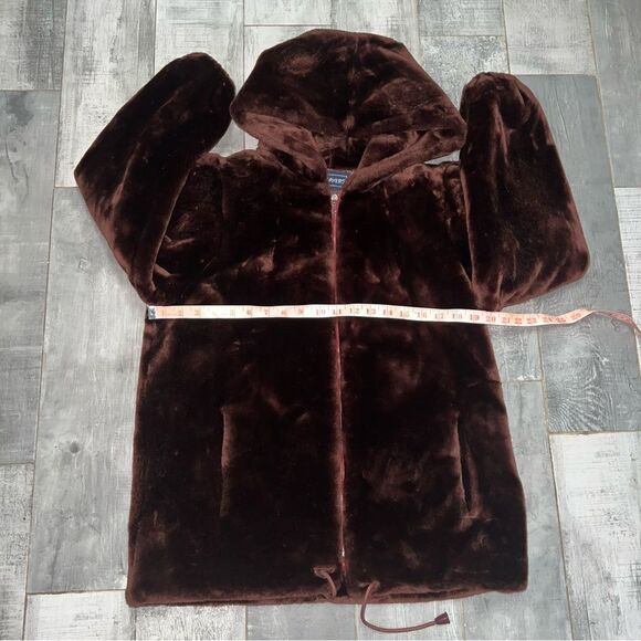 Vintage 70s Faux Fur Coat Brown Hood Full Oversized Jacket Bubble Sleeve Loeve M - Picture 6 of 16